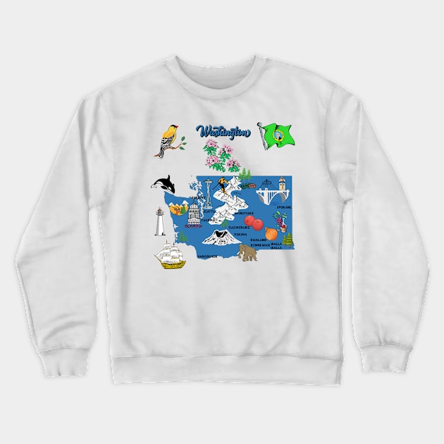 tourism map of Washington state, USA, major cities, flag, landmarks Crewneck Sweatshirt by Mashmosh